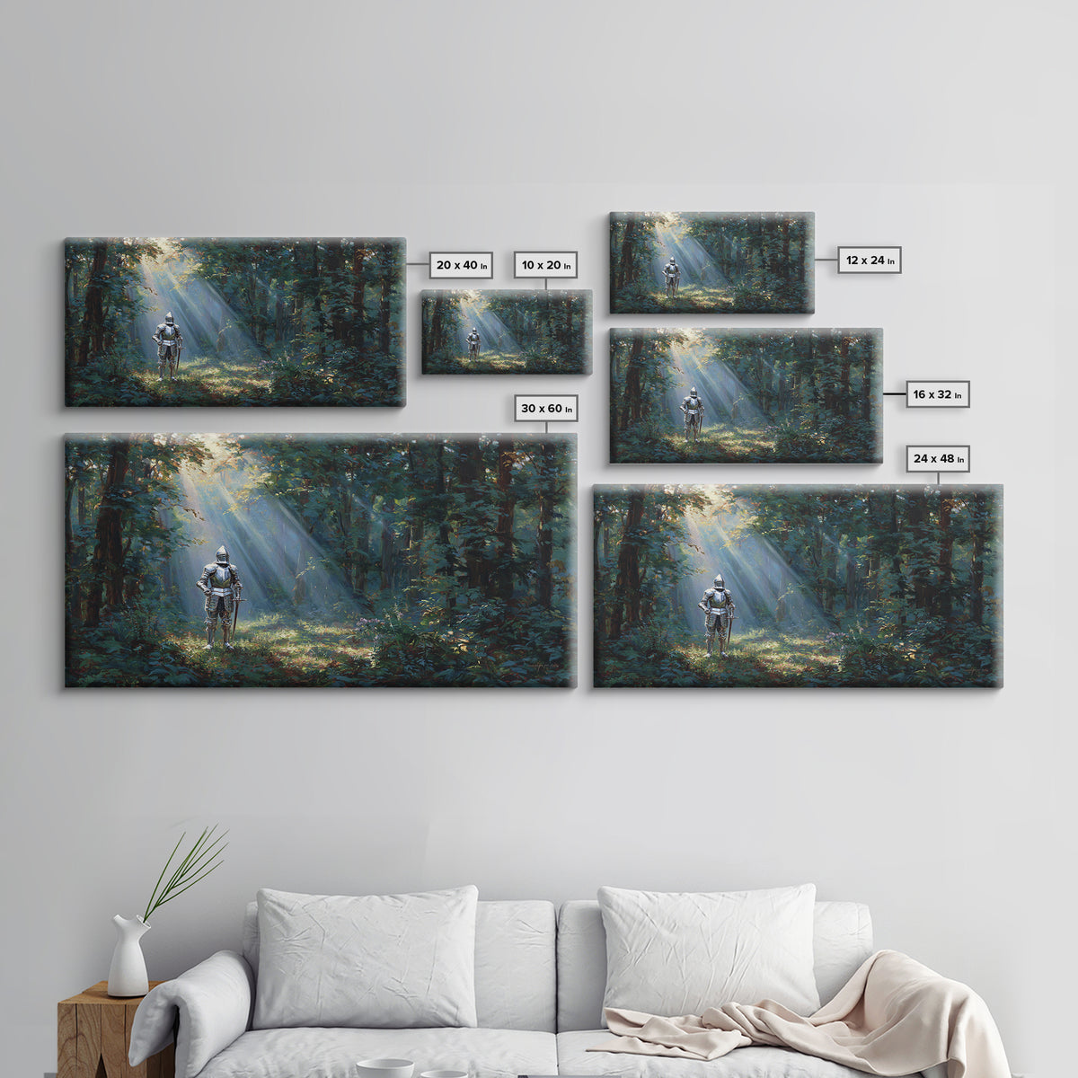 Knight In Sunlit Enchanted Forest Canvas Print, Fantasy Wall Art, Medieval Landscape Art For Office Decor And Gifts For Him