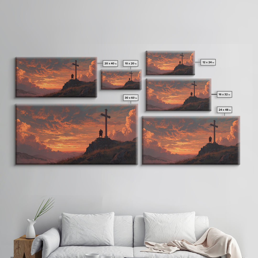 Fiery Sunset Cross On Mountain Ridge Wall Art, Christian Landscape Canvas Print, Spiritual Home Decor, Prayer Room Gift Idea