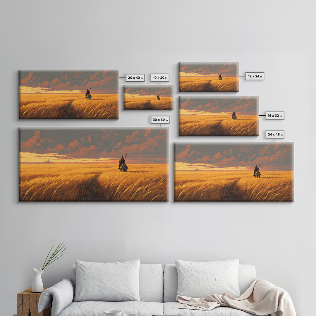 Lone Warrior In Golden Wheat Canvas Print, Sunset Fantasy Landscape Art, Western Rider Decor, Gift For Him, Rustic Home Decor