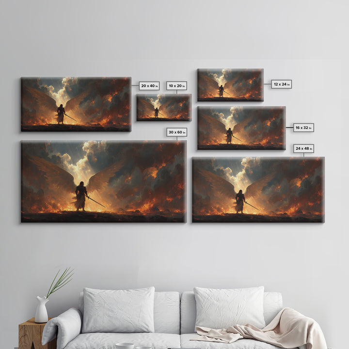 Warrior Angel With Flaming Wings Canvas Print, Dark Fantasy Wall Art, Epic Spiritual Decor, Gothic Battle Gift Idea For Him