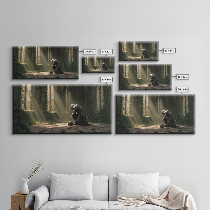 Knight In Sunlit Gothic Ruins Framed Canvas Print, Medieval Fantasy Wall Art, Dark Academia Decor, Large Living Room Art