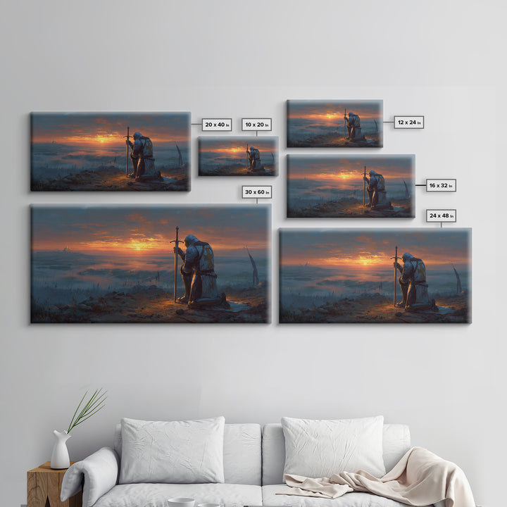 Kneeling Knight At Sunset Wall Art, Medieval Fantasy Landscape Canvas, Epic Castle Decor, Dark Academia Gift For Him, Living Room Decor