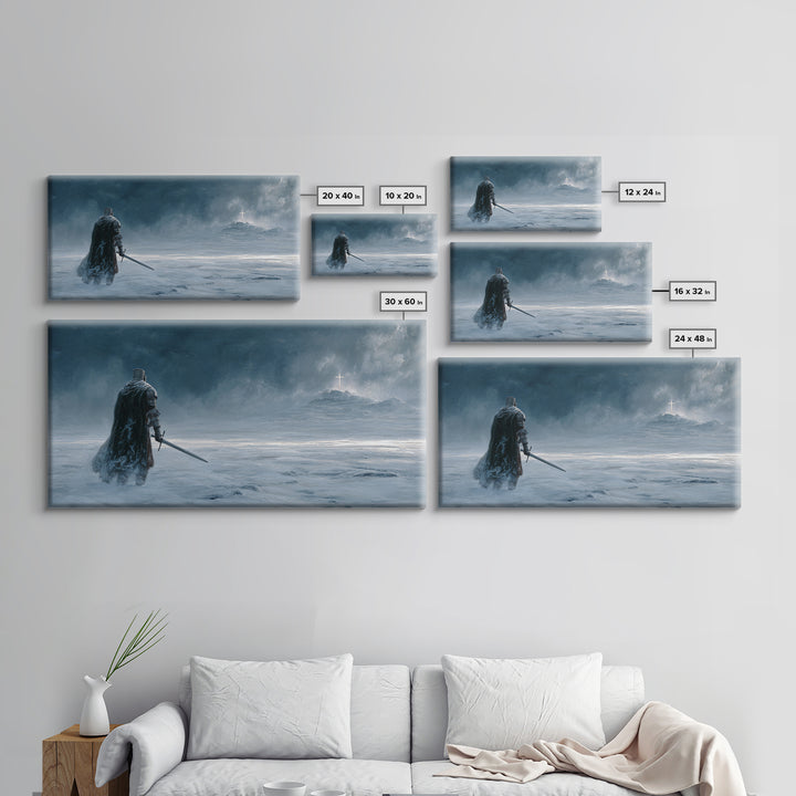 Dark Knight Crossing Icy Wasteland Wall Art, Fantasy Landscape Canvas Print, Gothic Home Decor, Moody Office Decor Gift For Him