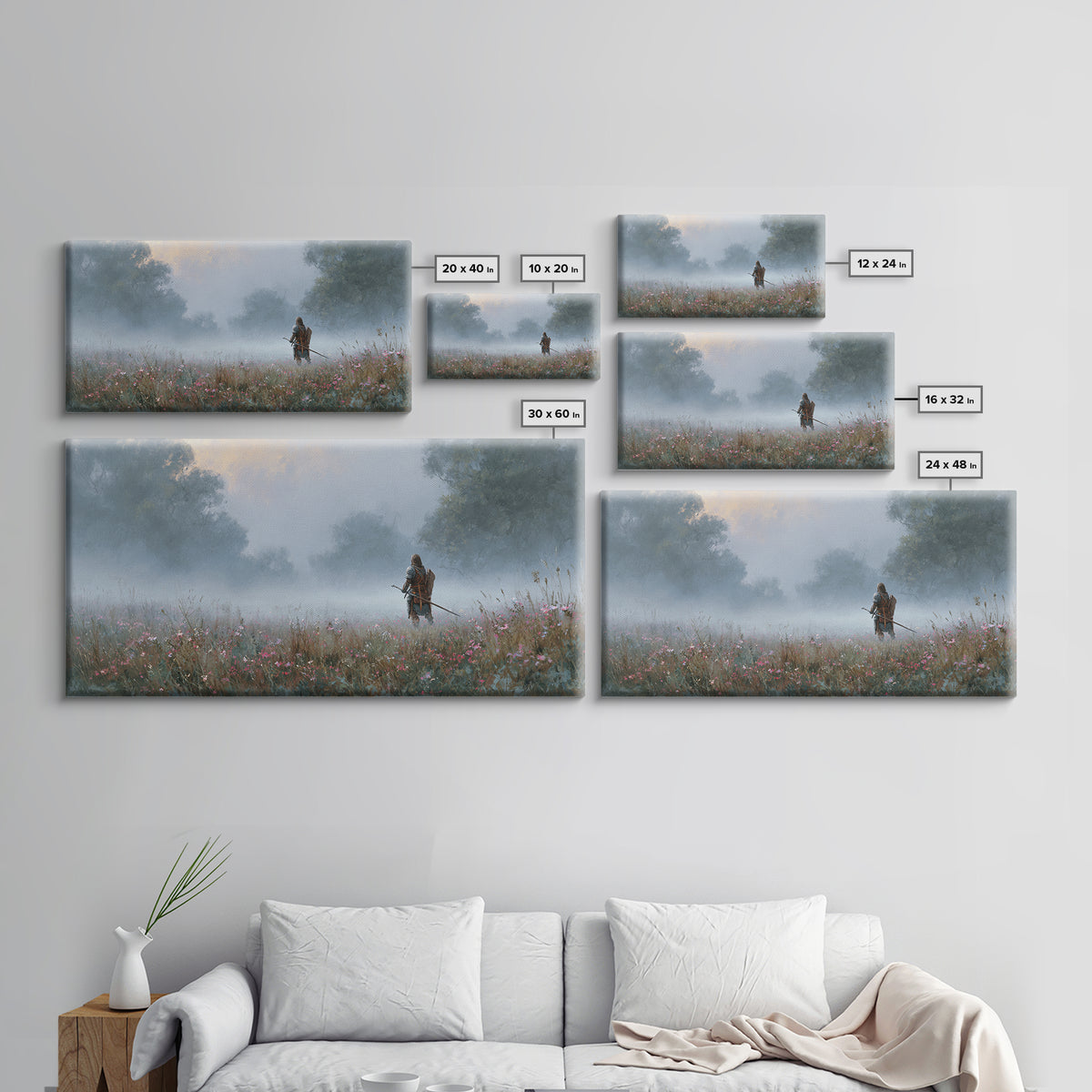 Misty Warrior In Wildflower Meadow Wall Art, Fantasy Landscape Canvas, Moody Nature Print, Large Living Room Decor Gift For Her