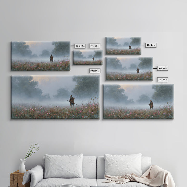 Misty Warrior In Wildflower Meadow Wall Art, Fantasy Landscape Canvas, Moody Nature Print, Large Living Room Decor Gift For Her