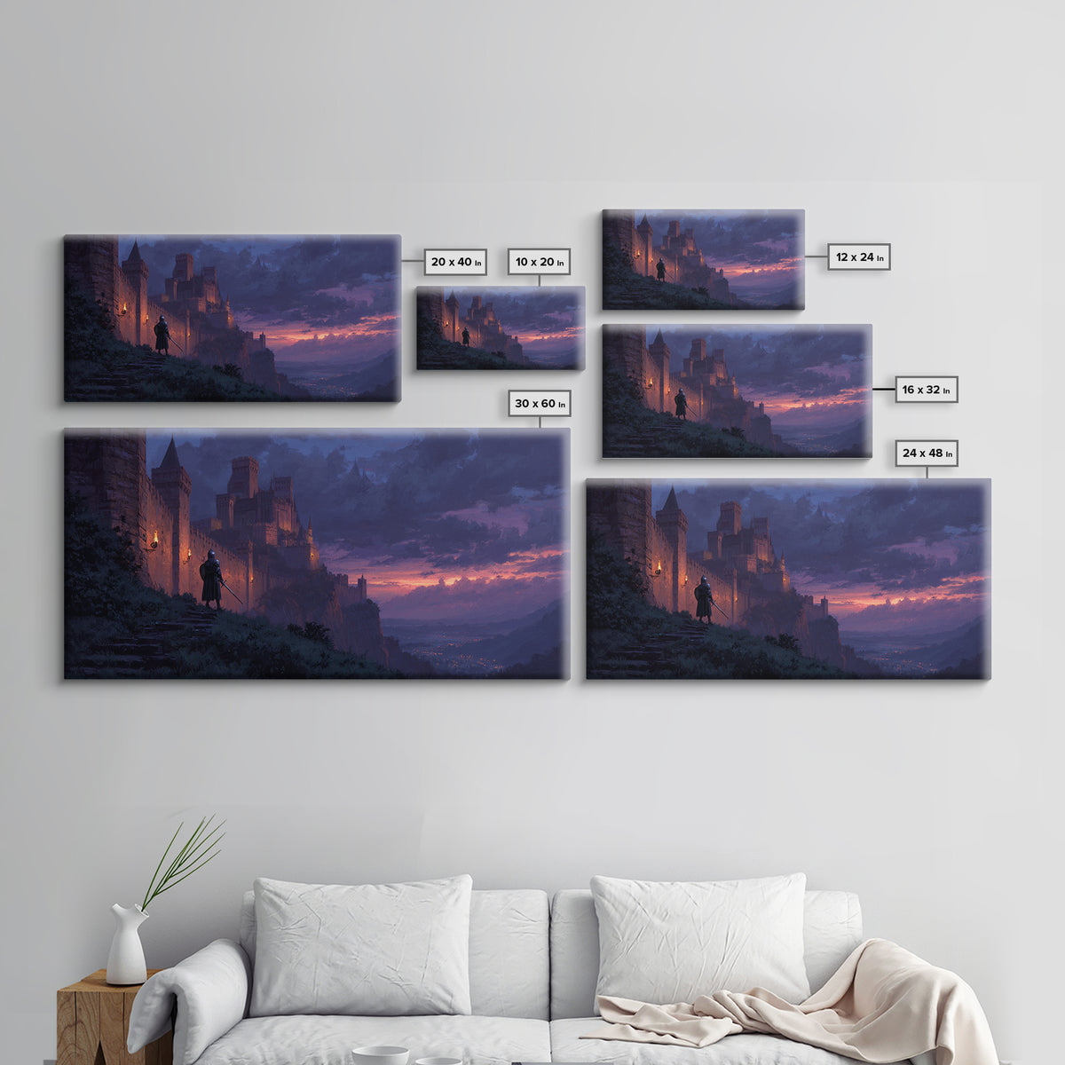 Twilight Castle Knight Fantasy Wall Art, Medieval Landscape Canvas, Gothic Home Decor, Fantasy Art Print, Gift For Him, Office Decor