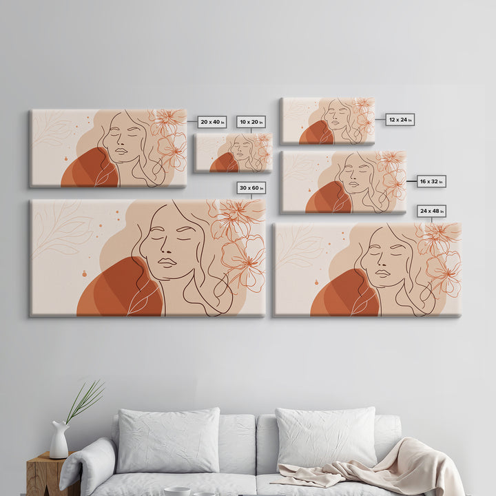 Terracotta Woman Line Art Canvas Print, Floral Feminine Wall Art, Boho Bedroom Decor, Abstract Portrait Gift For Her, Modern Home Decor