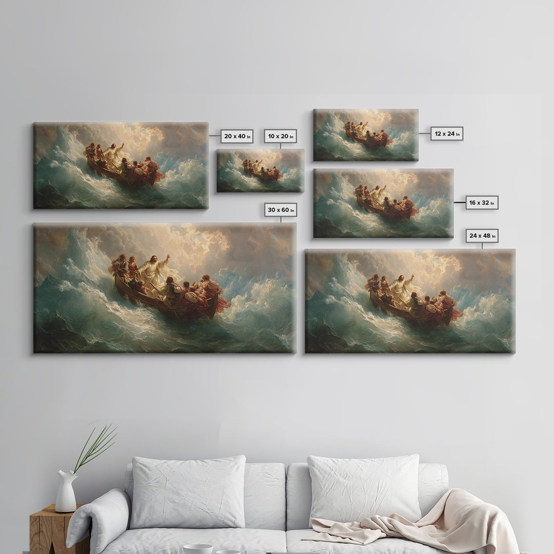 Jesus Calming The Storm At Sea Wall Art, Christian Boat Painting, Biblical Ocean Canvas, Religious Home Decor Gift, Church Decor