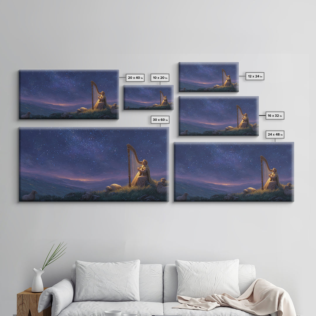 Shepherd Playing Harp Under Stars Wall Art, Biblical Canvas Print, Peaceful Night Landscape Decor For Bedroom And Nursery