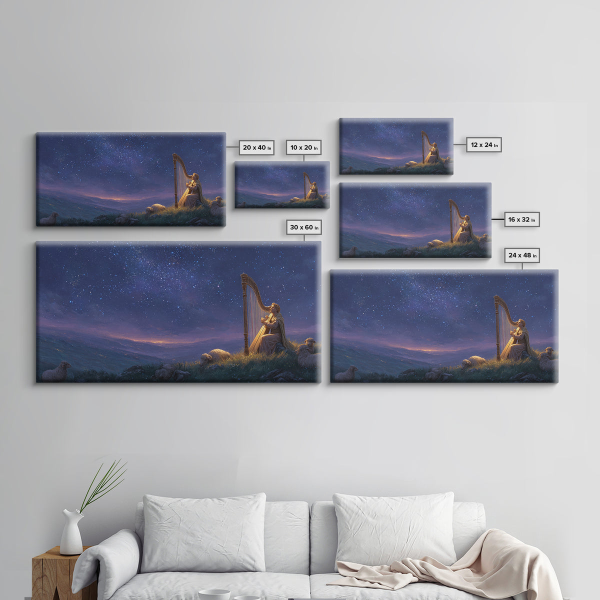 Shepherd Playing Harp Under Stars Wall Art, Biblical Canvas Print, Peaceful Night Landscape Decor For Bedroom And Nursery