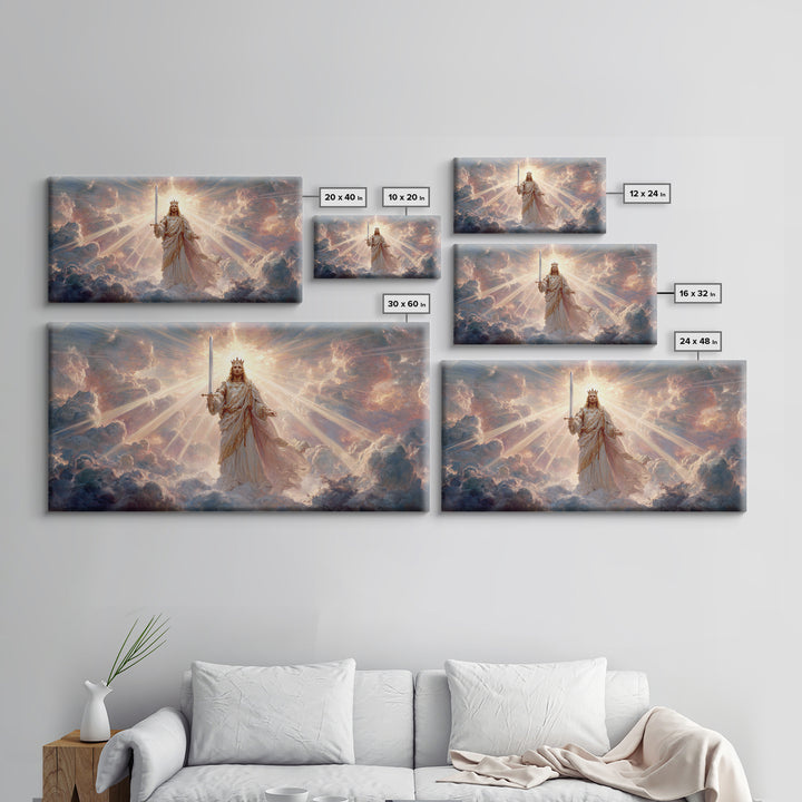 Radiant Heavenly King Canvas Print, Christian Wall Art, Divine Sword And Clouds, Spiritual Fine Art For Prayer Room Decor