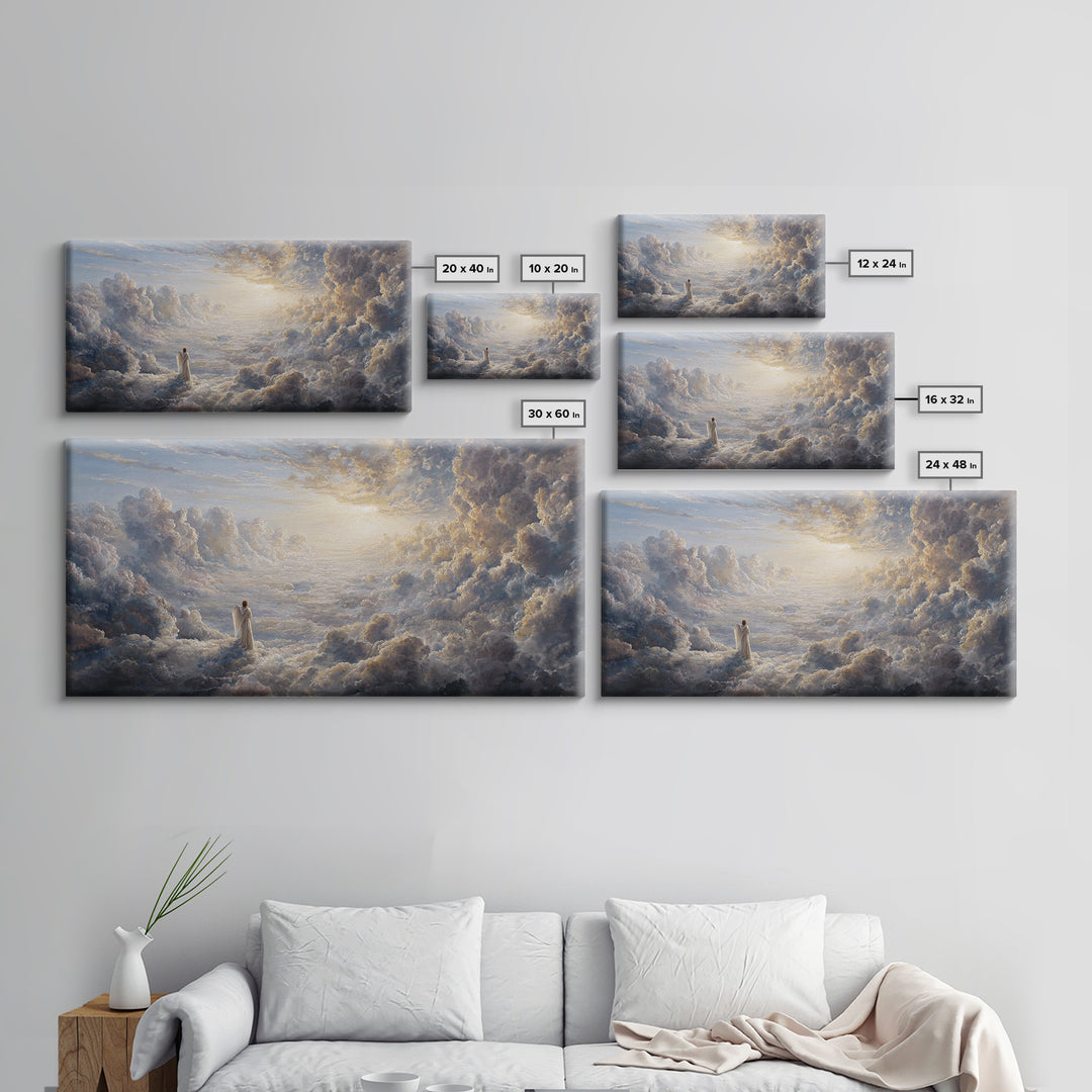 Radiant Angel In Heavenly Clouds Canvas Print, Christian Wall Art, Spiritual Home Decor, Peaceful Large Landscape Art Gift