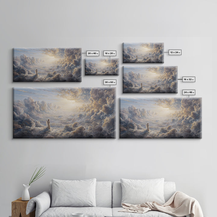 Radiant Angel In Heavenly Clouds Canvas Print, Christian Wall Art, Spiritual Home Decor, Peaceful Large Landscape Art Gift
