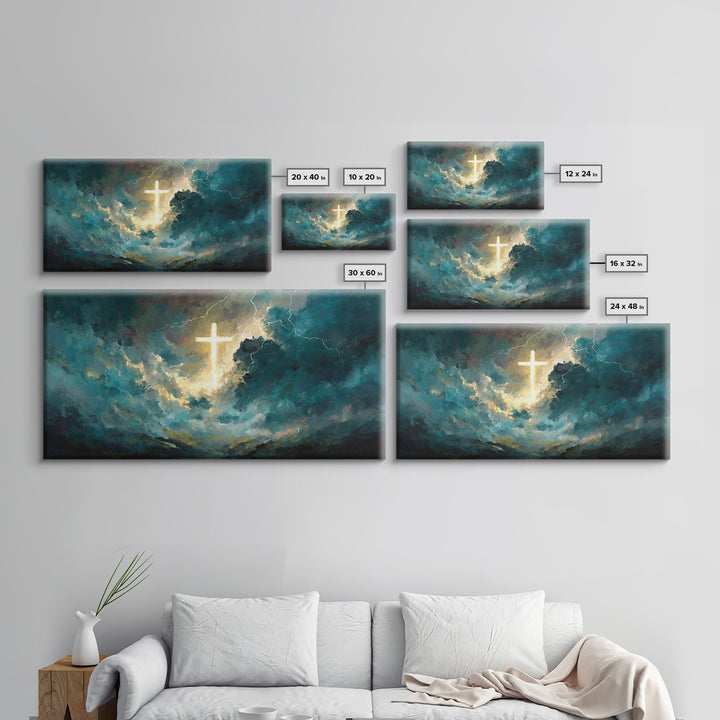 Glowing Cross In Storm Clouds Wall Art, Christian Canvas Print, Spiritual Decor, Modern Religious Living Room Wall Decor
