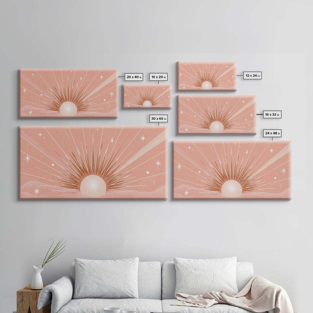 Radiant Peach Sunrise Wall Art, Celestial Sun Rays And Stars, Boho Canvas Print, Dreamy Nursery Decor, Calming Above Bed Art