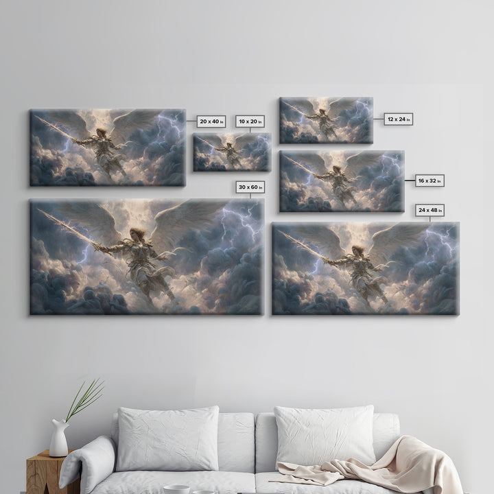Warrior Angel With Sword Framed Canvas Print, Fantasy Wall Art, Christian Artwork, Storm Clouds, Gift For Him Or Her, Fine Art Print