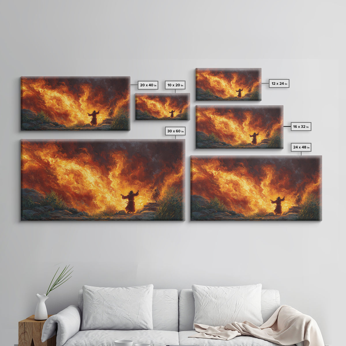 Prophet Before Roaring Flames Canvas Print, Biblical Fire Wall Art, Dramatic Spiritual Prayer Room Decor, Christian Gift For Him