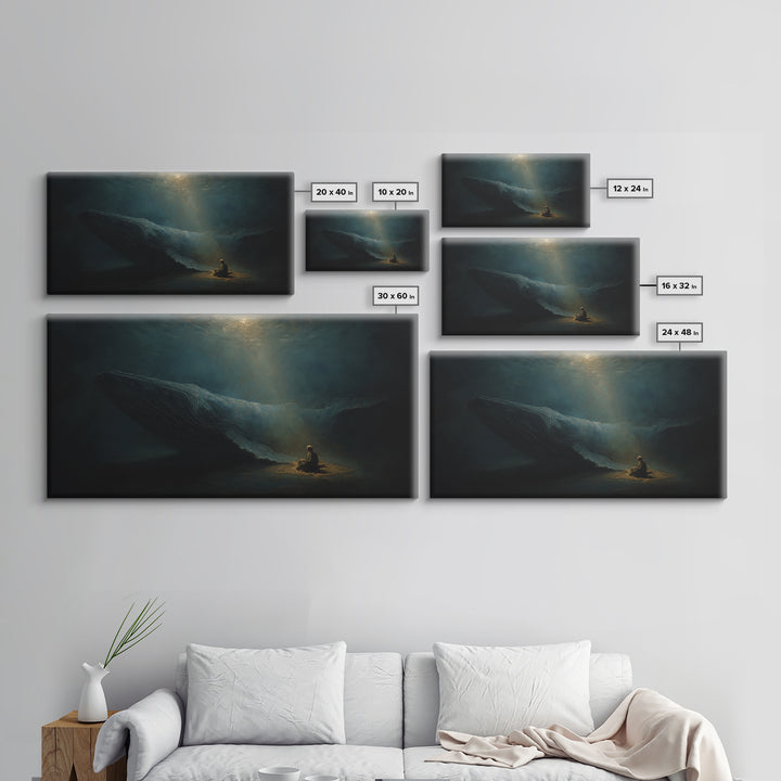 Mystic Whale And Tiny Kayaker Wall Art, Surreal Ocean Canvas Print, Moody Sea Life Decor For Bedroom Or Office Wall Decor