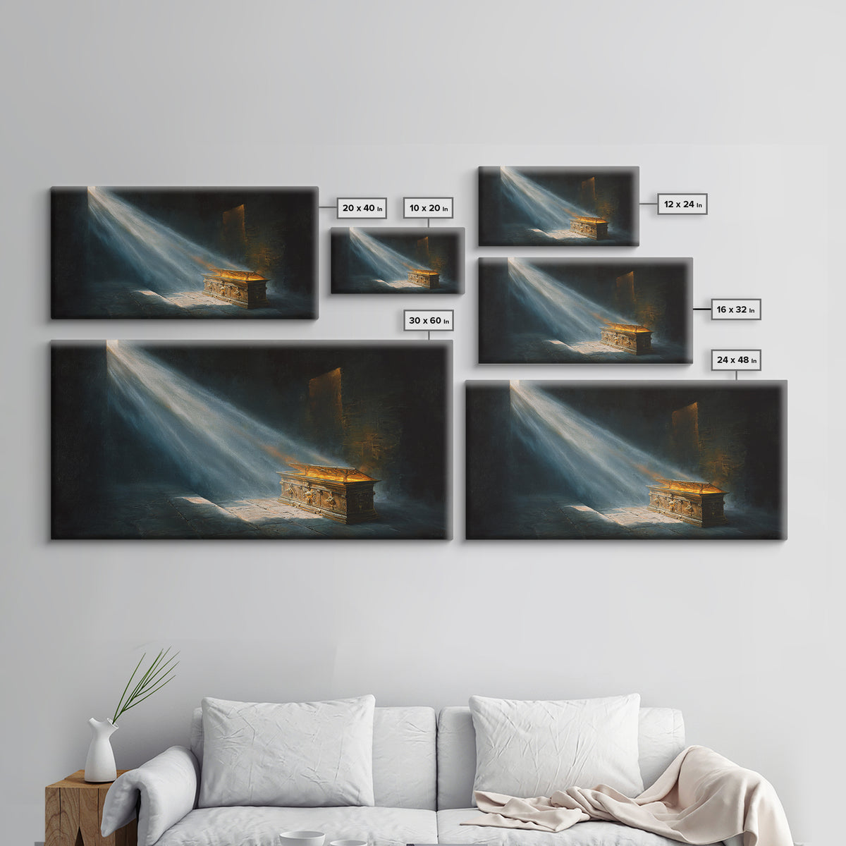 Golden Ark In Sacred Shadow Framed Canvas Print, Biblical Wall Art, Dark Academia Decor, Spiritual Housewarming Gift For Her