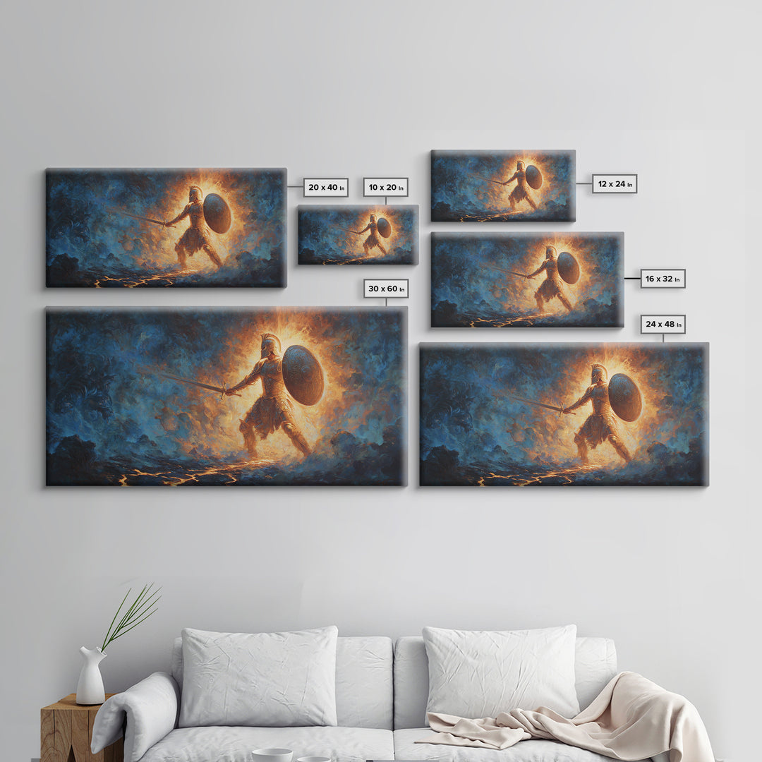 Ancient Shield Maiden In Fiery Blue Mist Canvas Print, Fantasy Warrior Wall Art, Mythological Decor, Gift For Him Or Her