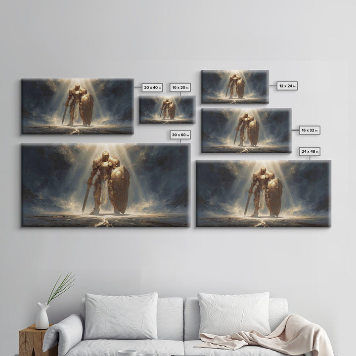 Golden Knight In Storm Light Framed Canvas Print, Epic Fantasy Warrior Large Wall Decor, Medieval Armor Art, Gift For Him
