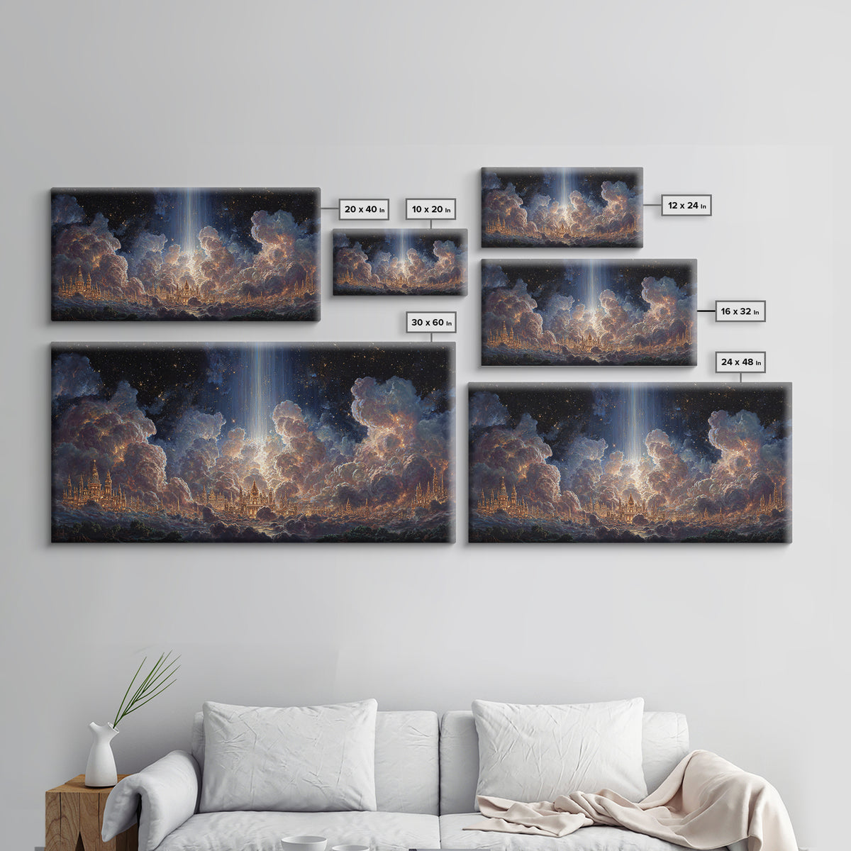 Heavenly Cloud City With Star Beam Canvas Print, Celestial Fantasy Art, Large Wall Decor, Spiritual Home Decor Gift For Her
