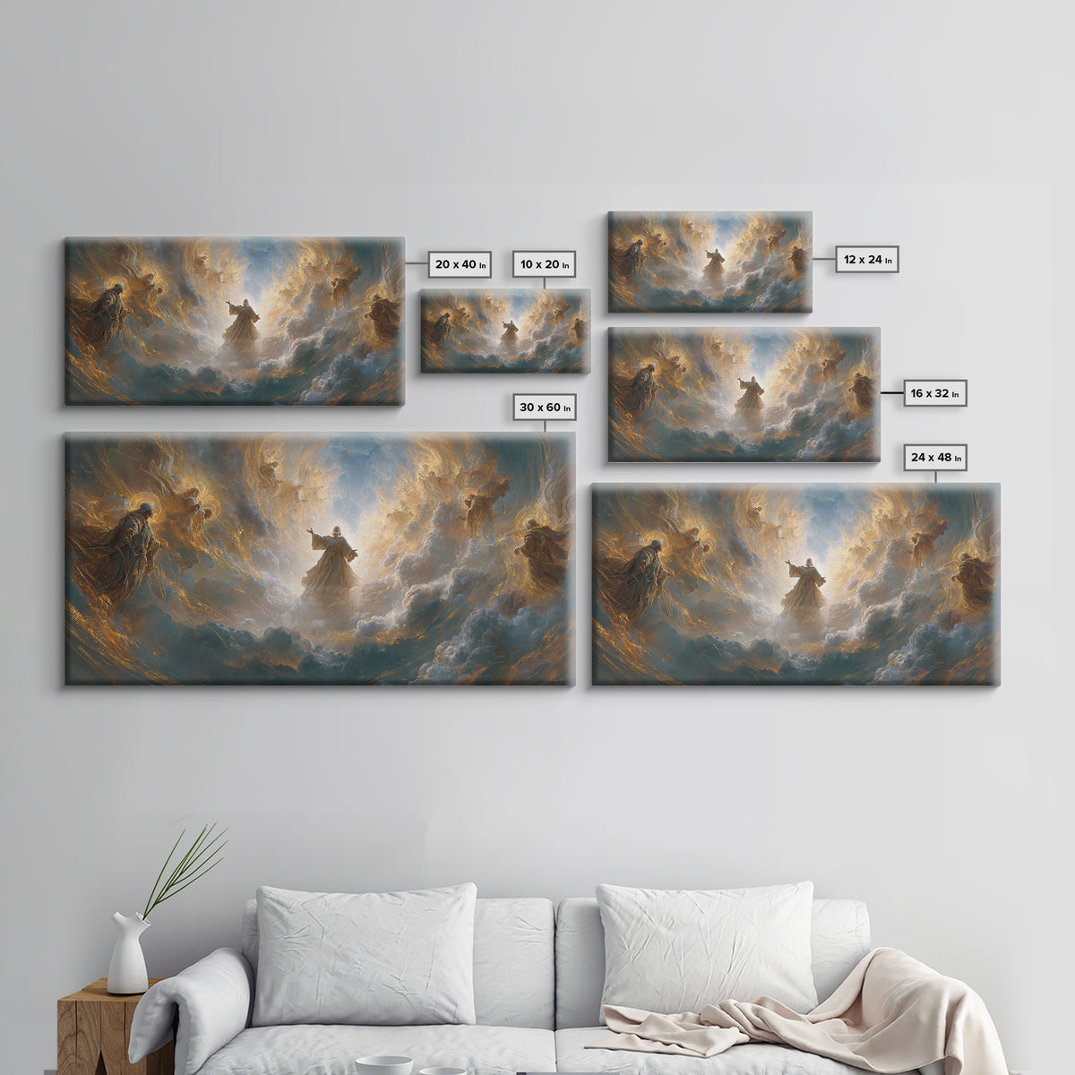 Angels And Divine Figure In Luminous Clouds Framed Canvas Print, Spiritual Wall Art, Religious Decor, Christian Gift Idea