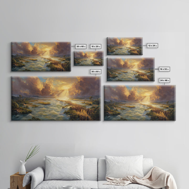 Exodus River Crossing Canvas Print, Golden Biblical Landscape Painting, Christian Wall Decor, Housewarming Gift For Living Room