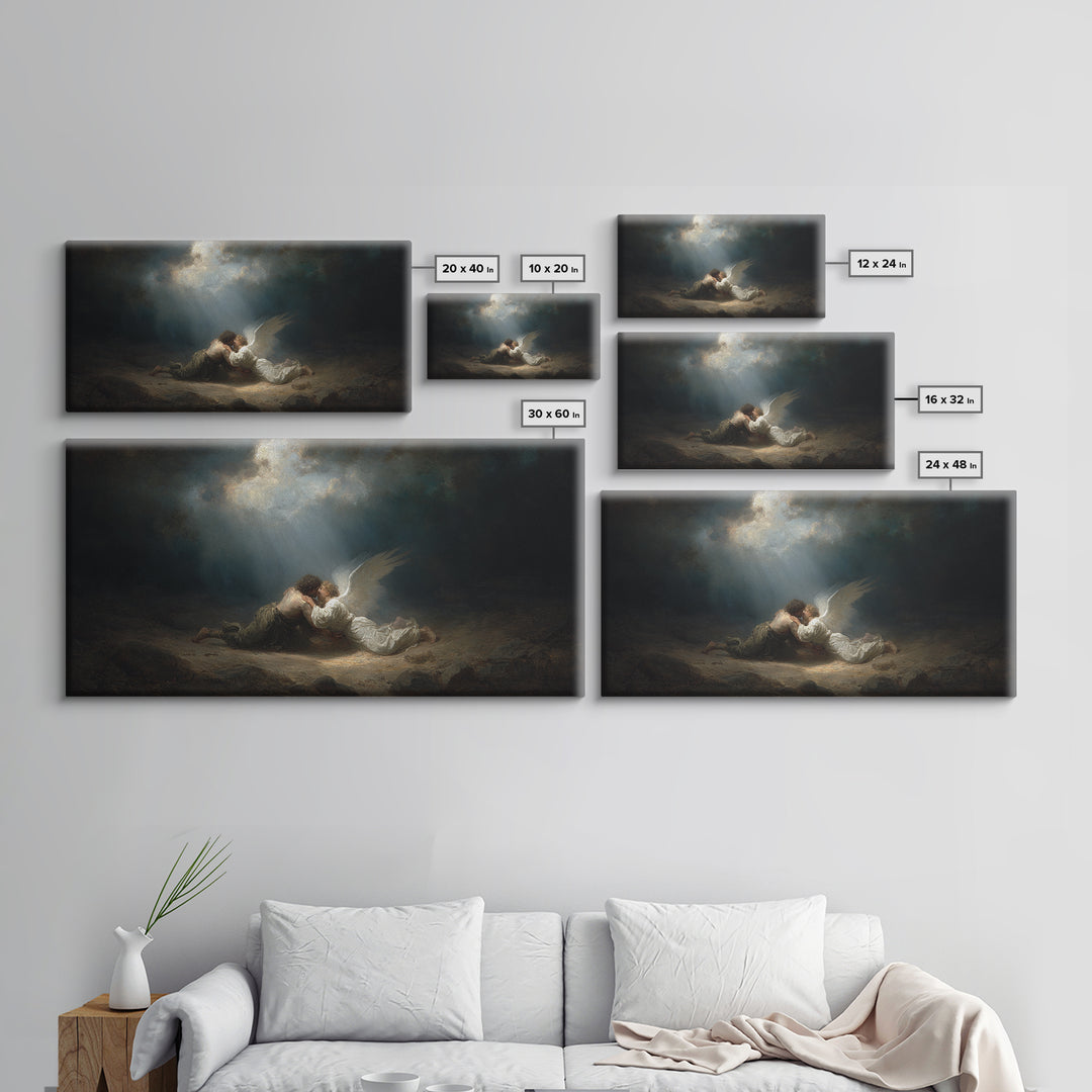 Angel Embracing Fallen Man Wall Art, Dark Baroque Canvas Print, Religious Fine Art, Spiritual Gothic Home Decor Gift For Her