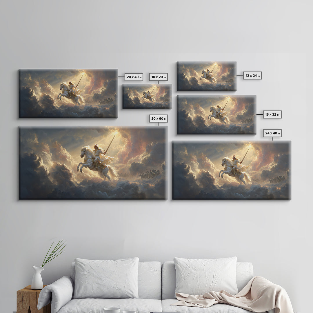 Heavenly Knight On White Horse Framed Canvas Print, Cloud Warrior Fantasy Art, Christian Wall Art, Epic Gift For Him, Living Room Decor