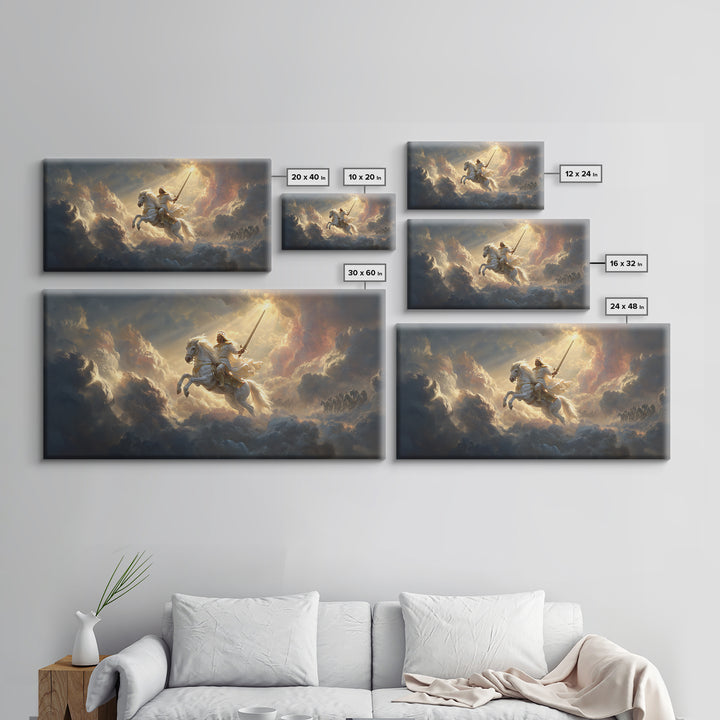 Heavenly Knight On White Horse Framed Canvas Print, Cloud Warrior Fantasy Art, Christian Wall Art, Epic Gift For Him, Living Room Decor