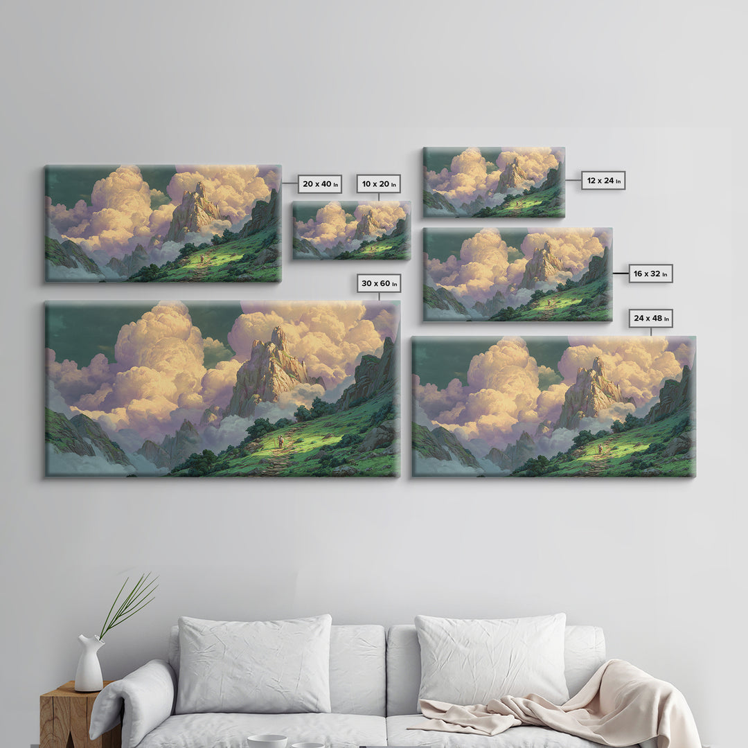 Sunlit Fantasy Mountain Kingdom Wall Art, Whimsical Cloud Landscape Canvas Print, Dreamy Nature Decor For Nursery And Bedroom