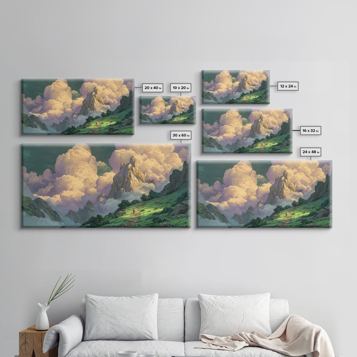Sunlit Fantasy Mountain Kingdom Wall Art, Whimsical Cloud Landscape Canvas Print, Dreamy Nature Decor For Nursery And Bedroom