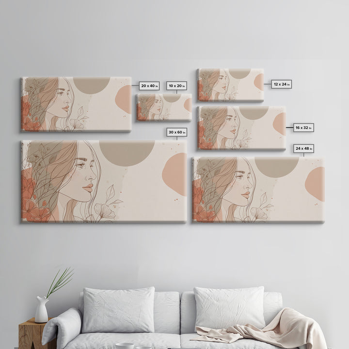 Elegant Woman Profile Wall Art, Floral Line Drawing, Feminine Canvas Print, Neutral Boho Bedroom Decor, Gift For Her, Modern Home Decor