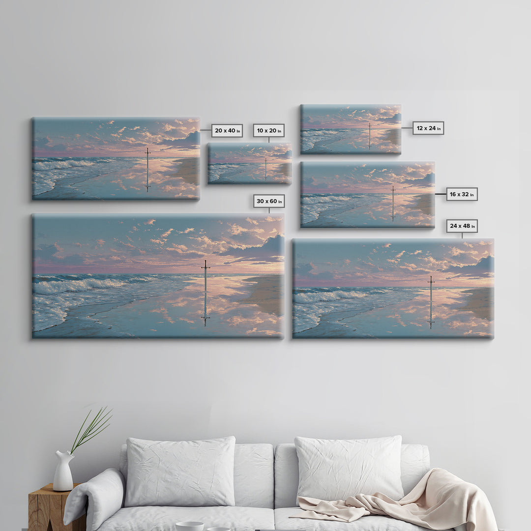 Ocean Sunrise Cross On Wet Sand Framed Canvas Print, Christian Wall Art, Coastal Beach Decor, Peaceful Seascape Art Gift