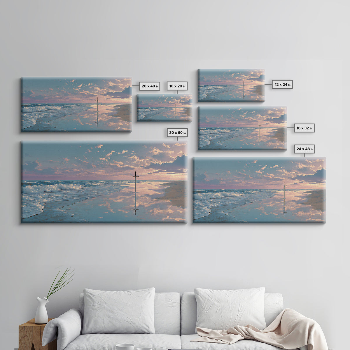 Ocean Sunrise Cross On Wet Sand Framed Canvas Print, Christian Wall Art, Coastal Beach Decor, Peaceful Seascape Art Gift