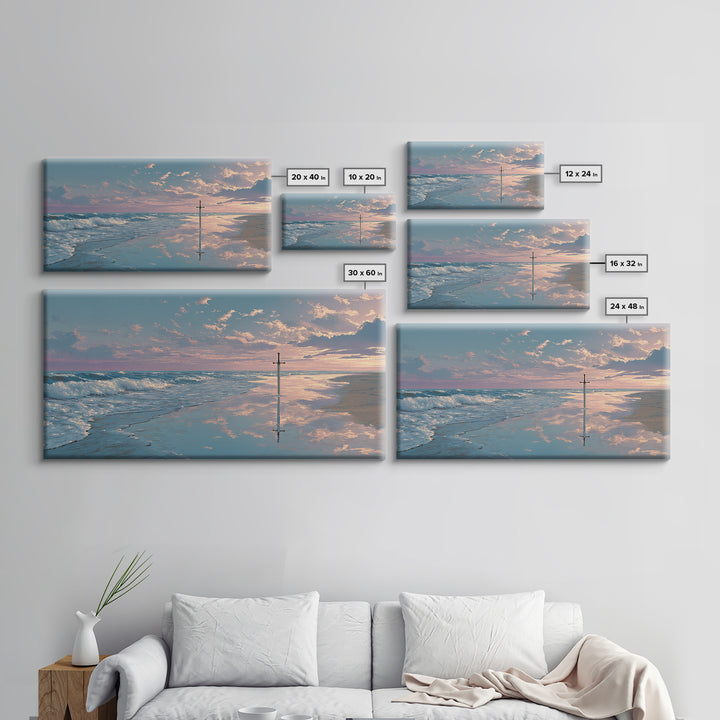 Ocean Sunrise Cross On Wet Sand Framed Canvas Print, Christian Wall Art, Coastal Beach Decor, Peaceful Seascape Art Gift