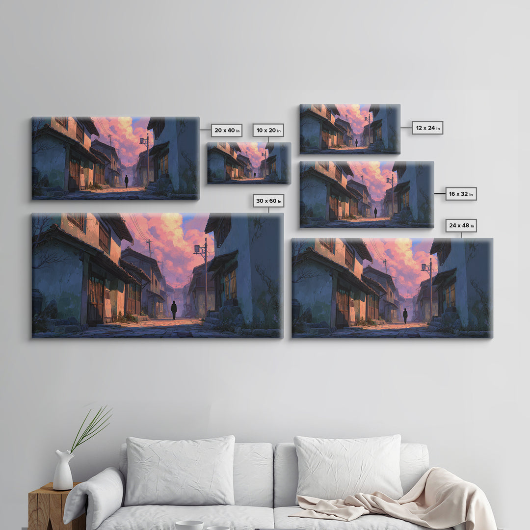 Japanese Twilight Alley Wall Art, Anime Inspired Canvas Print, Moody Urban Landscape, Japandi Decor For Home Office And Gift