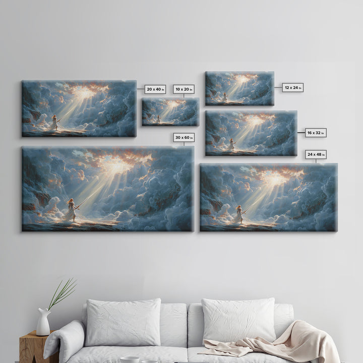 Angel Warrior In Heavenly Clouds Framed Canvas Print, Fantasy Woman Art, Divine Light Wall Decor, Spiritual Gift For Her