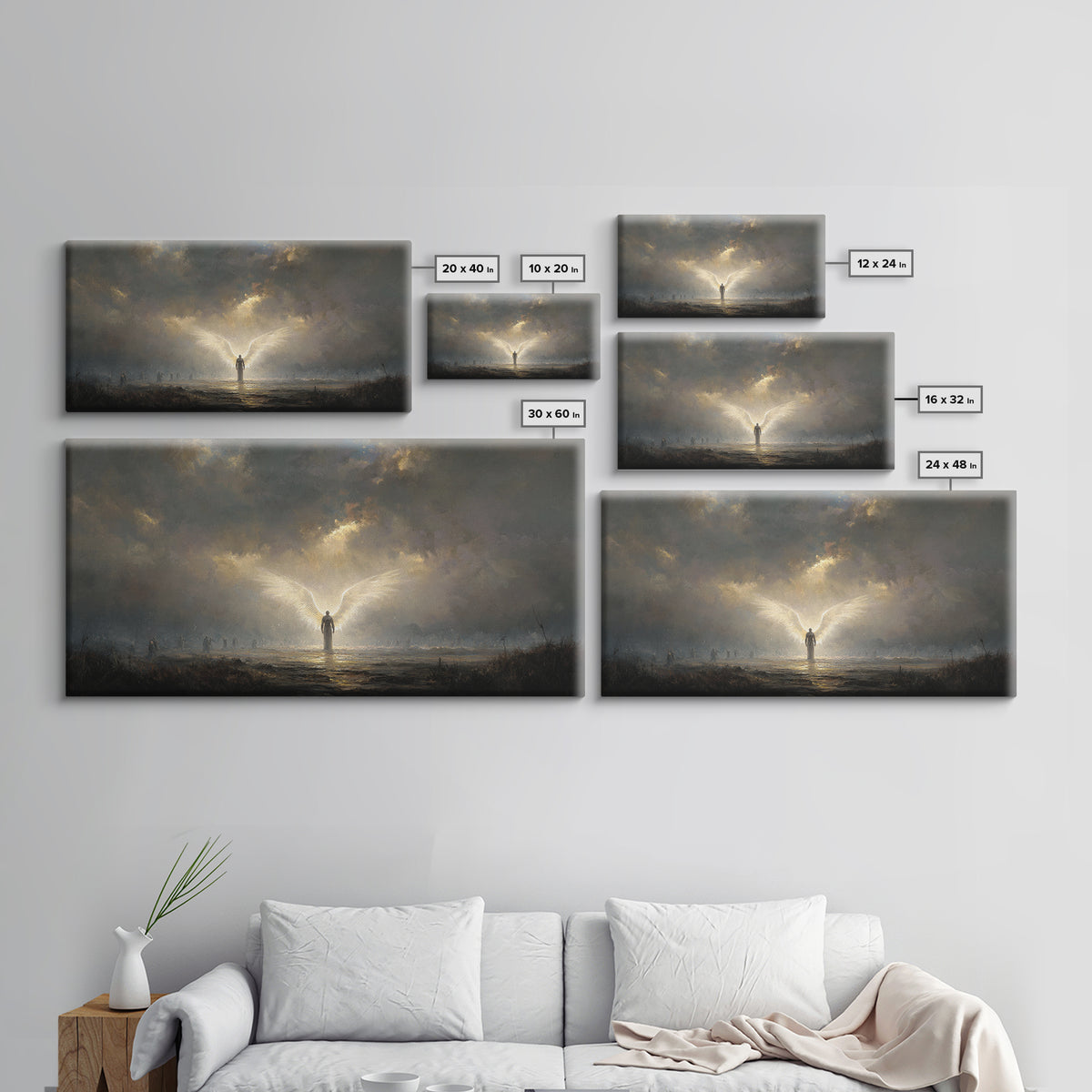 Radiant Angel In Storm Wall Art, Dark Fantasy Spiritual Canvas Print, Moody Religious Decor For Prayer Room And Bedroom Decor