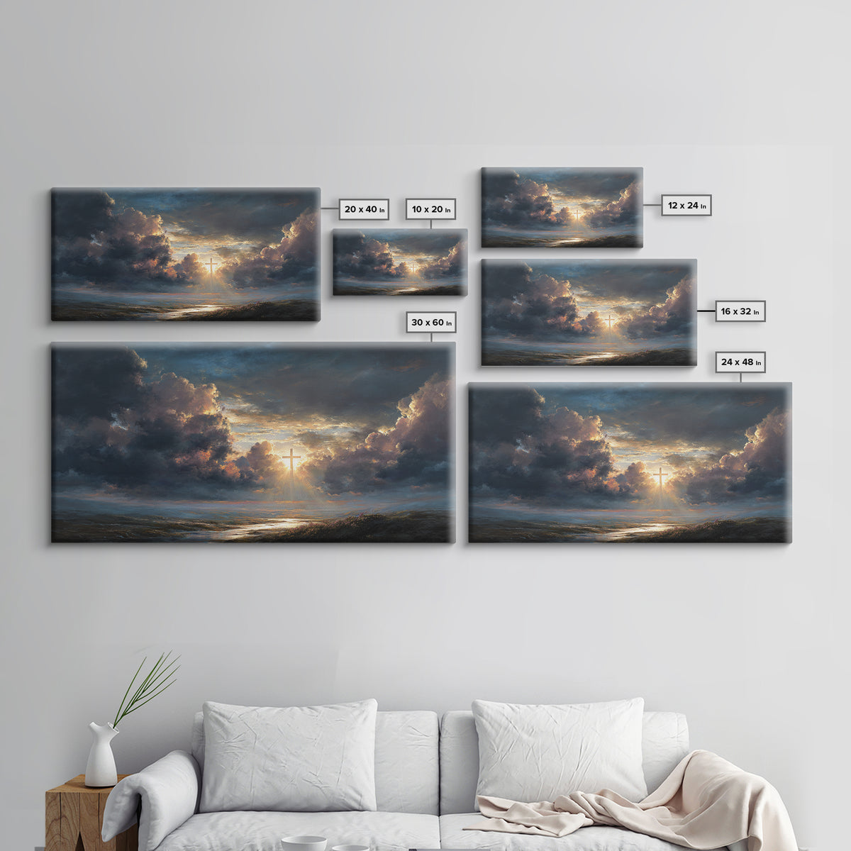 Radiant Cross In Storm Clouds Wall Art, Christian Landscape Canvas Print, Inspirational Faith Decor, Spiritual Sky Art Print