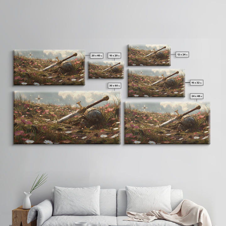 Flowered Battlefield Sword And Helmet Canvas Print, Fantasy Art, Knight Wall Decor, Gothic Gift For Him, Large Wall Art Print