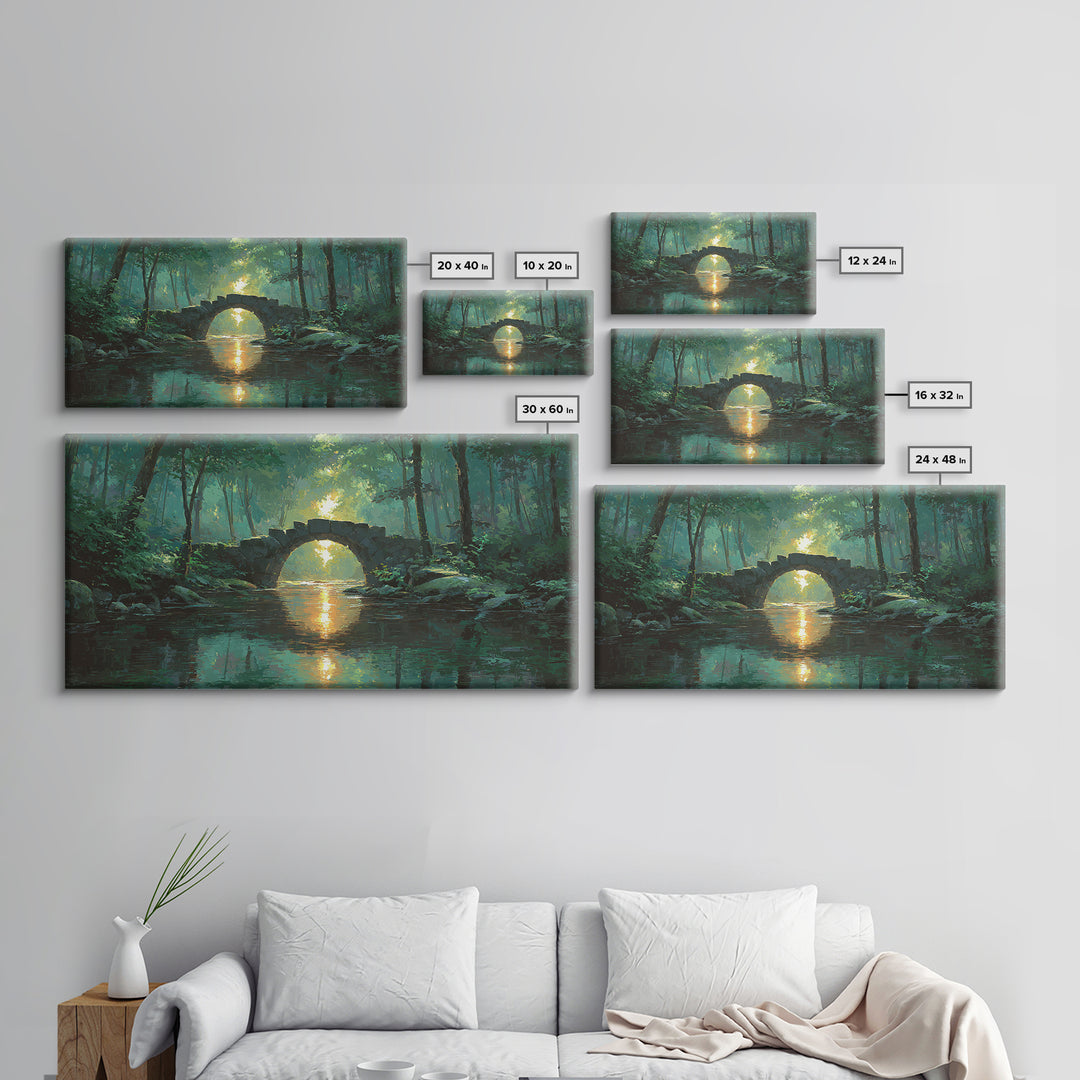 Sunlit Stone Bridge Over Forest River Canvas Print, Tranquil Landscape Wall Art, Japandi Nature Decor, Calming Home Gift