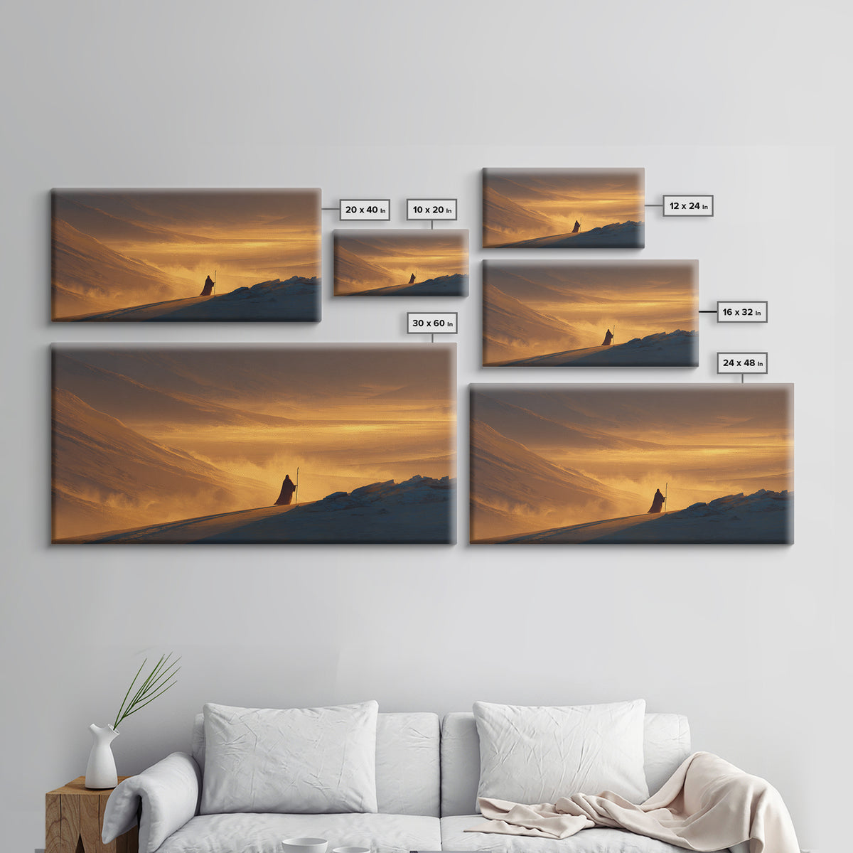 Lone Traveler In Golden Snowy Mountains Canvas Print, Epic Sunset Landscape Wall Art, Rustic Adventure Home Decor Gift For Him