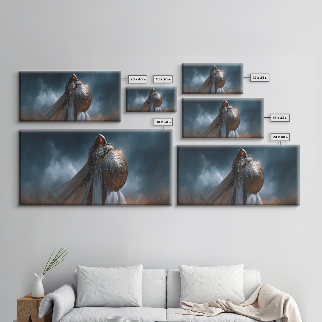 Armored Woman Warrior Framed Canvas Print, Fantasy Wall Art, Shield And Sword Decor, Strong Female Hero, Gamer Gift For Her