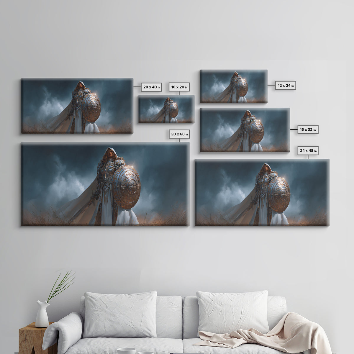 Armored Woman Warrior Framed Canvas Print, Fantasy Wall Art, Shield And Sword Decor, Strong Female Hero, Gamer Gift For Her