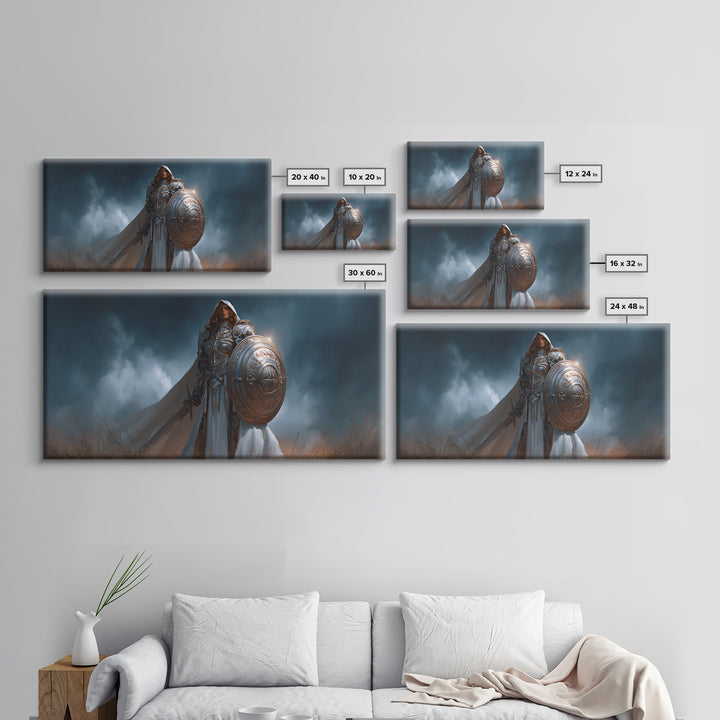 Armored Woman Warrior Framed Canvas Print, Fantasy Wall Art, Shield And Sword Decor, Strong Female Hero, Gamer Gift For Her