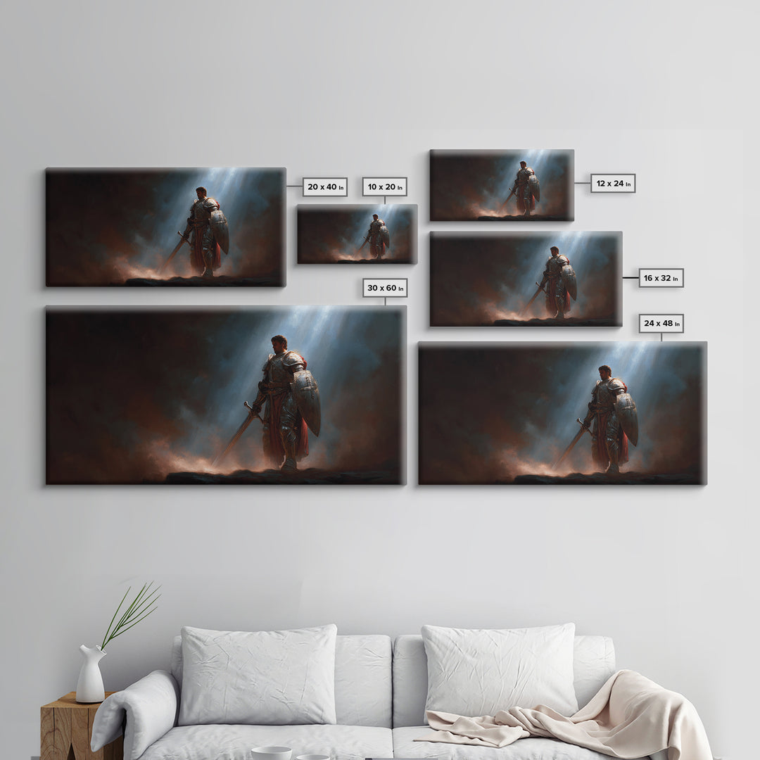 Armored Knight In Dramatic Light Canvas Print, Dark Fantasy Wall Art, Medieval Warrior Decor, Gothic Gift For Him, Game Room Art