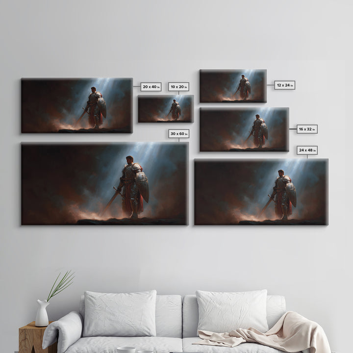 Armored Knight In Dramatic Light Canvas Print, Dark Fantasy Wall Art, Medieval Warrior Decor, Gothic Gift For Him, Game Room Art