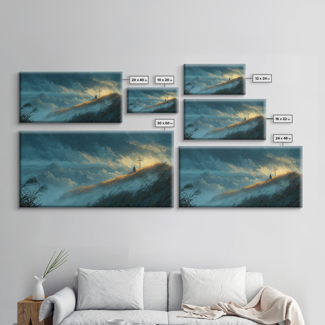 Sunlit Mountain Hill With Lone Cross Wall Art, Spiritual Landscape Canvas Print, Christian Decor, Calming Nature Art For Bedroom